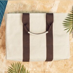 Le Bar Marche La Plage Beach Tote White and Brown Natural Canvas Tote